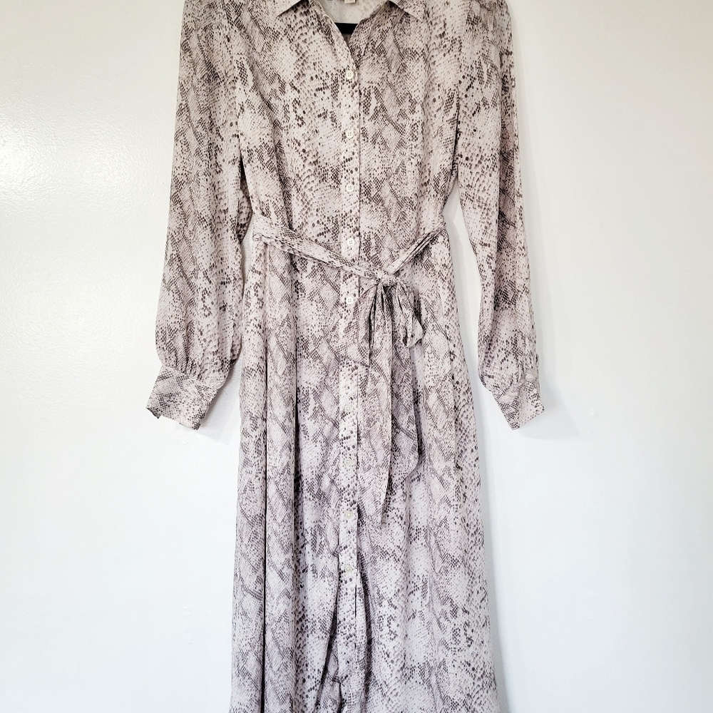 LOFT Snake Print Tie Waist Midi Lavender Beige Dress Size 2 - Picture 3 of 14